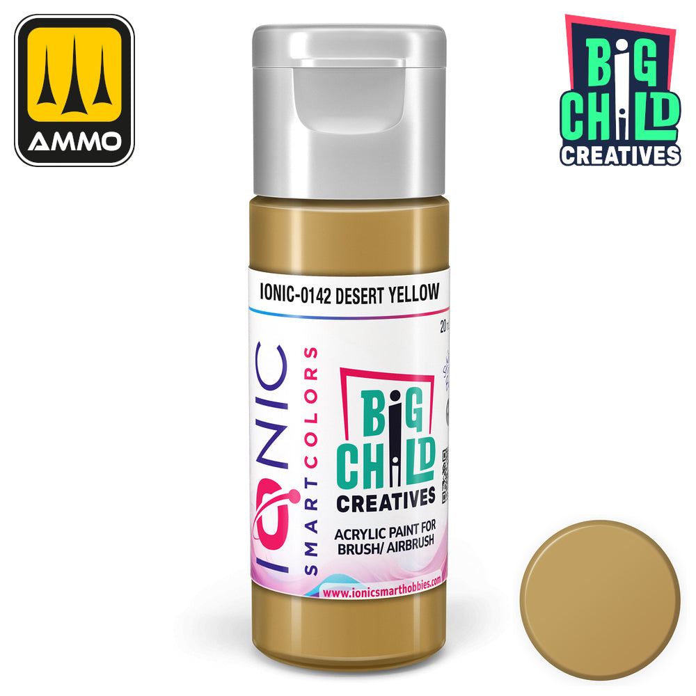 A bottle of Ionic Smartcolors Desert Yellow acrylic paint -  accompanied by a circular color swatch