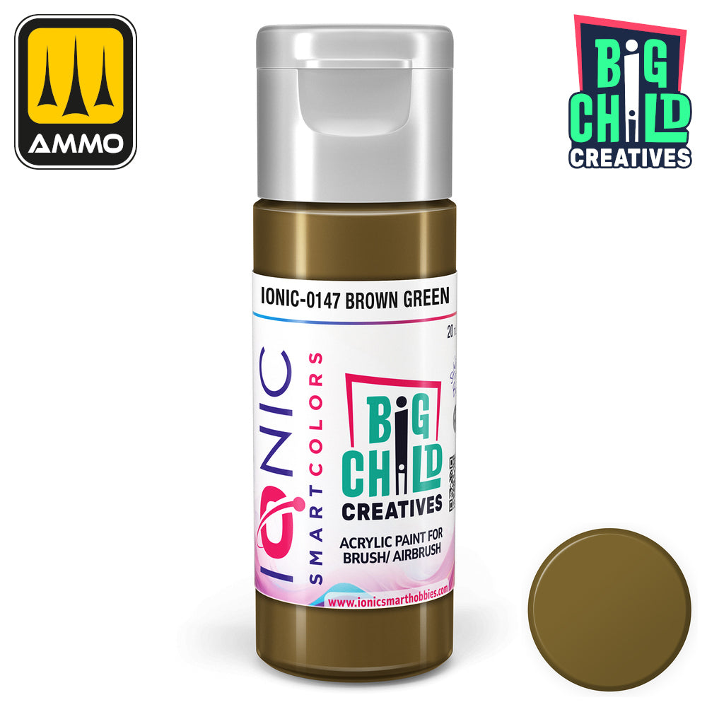 IONIC Smart Colors "Brown Green" acrylic paint bottle with matching color swatch