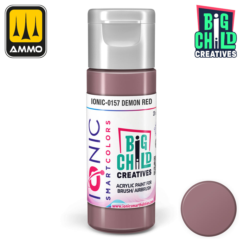 Ionic Smartcolors Demon Red acrylic paint bottle and a circular swatch of the dark mauve paint