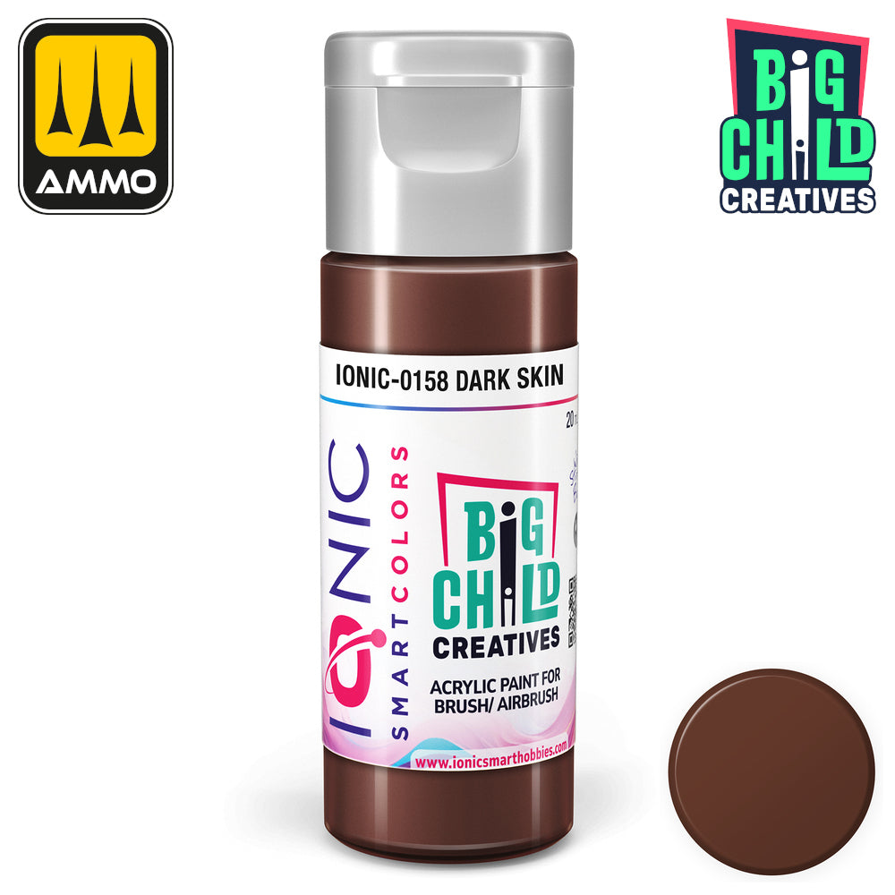 Bottle of dark brown 'DARK SKIN' acrylic paint (IONIC-0158) -  with a color swatch