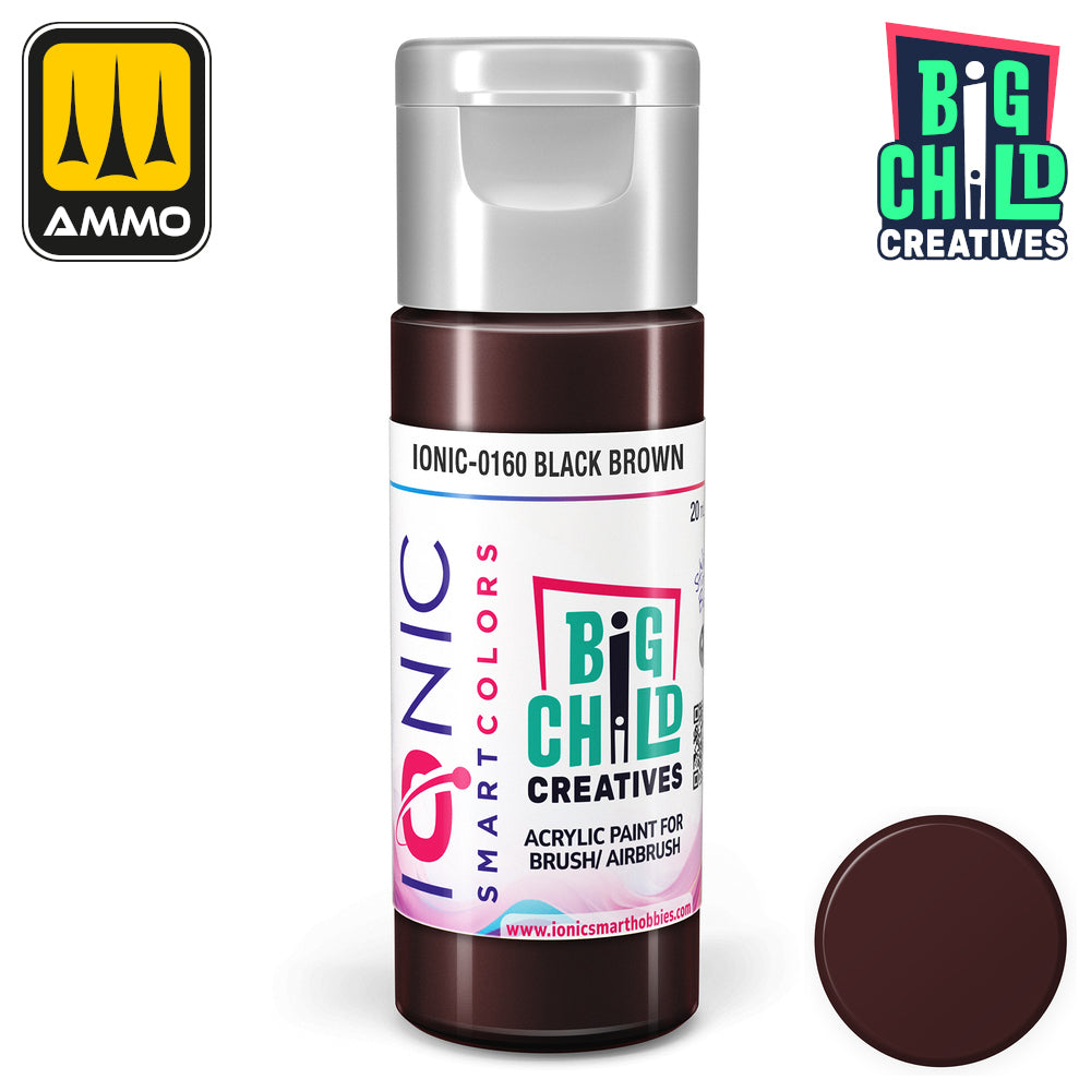Ammo ionic smart colors black brown acrylic paint bottle with a matching color swatch