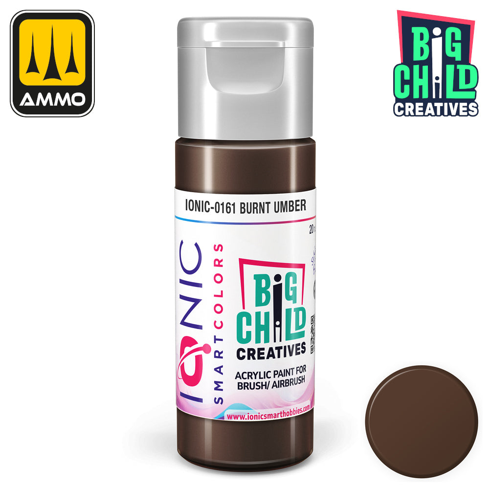 Ionic SmartColors Burnt Umber acrylic paint bottle with a gray cap and a separate swatch showing its dark brown color