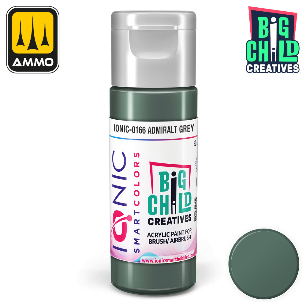 A dark grey-green bottle of Admiralt Grey acrylic paint by Big Child Creatives -  with a color swatch