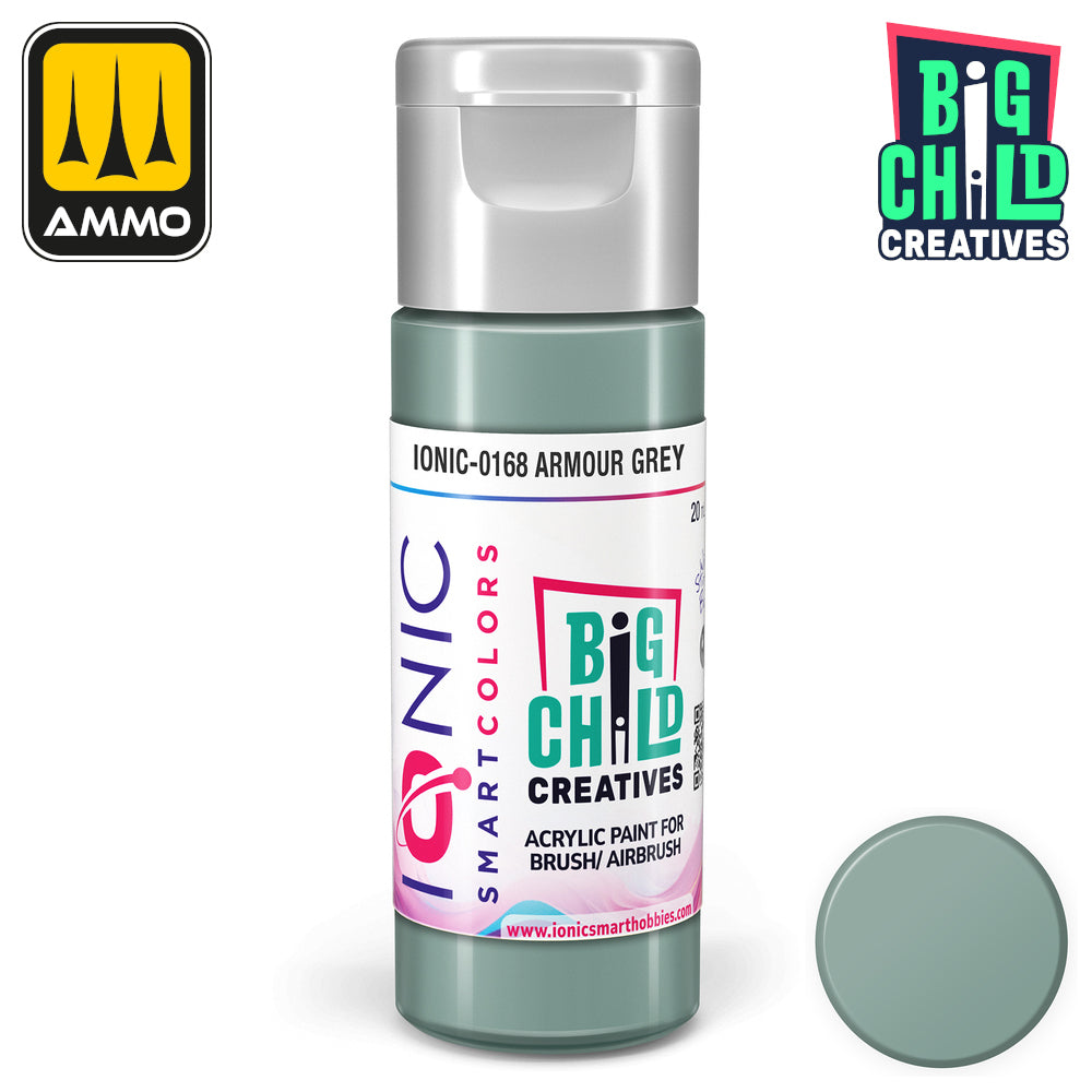 A bottle of Ionic Smartcolors 'Armour Grey' acrylic paint for brush/airbrush -  with a matching grey-green swatch