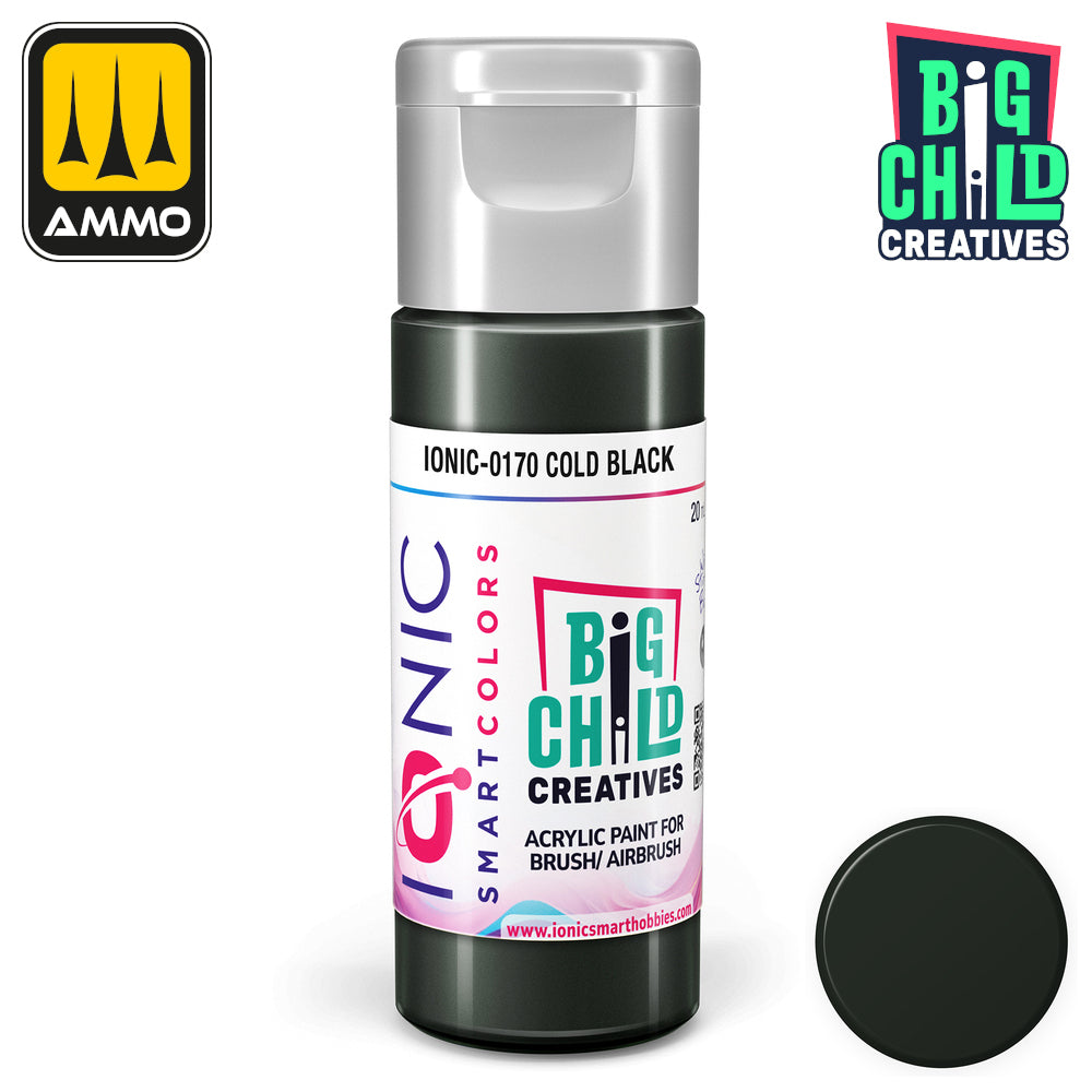Cold Black acrylic paint bottle for brush/airbrush -  shown with brand logos and a color swatch