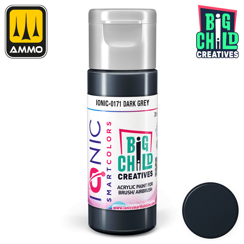 Bottle of IONIC-0171 Dark Grey acrylic paint for brush/airbrush -  with a matching color swatch