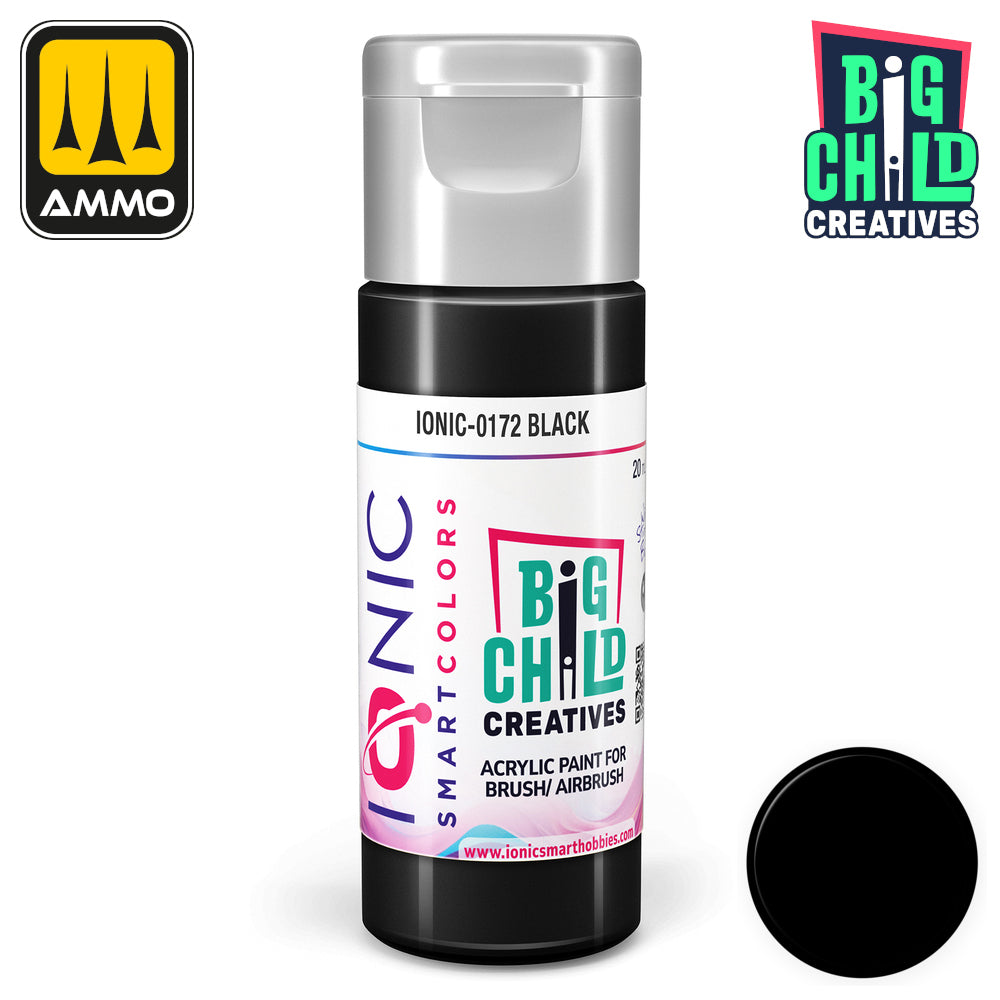 Bottle of IONIC-0172 Black acrylic paint with a matching color swatch