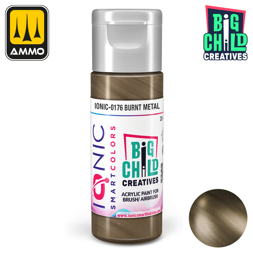 A bottle of IONIC SmartColors "Burnt Metal" acrylic paint -  shown with a metallic brown swatch