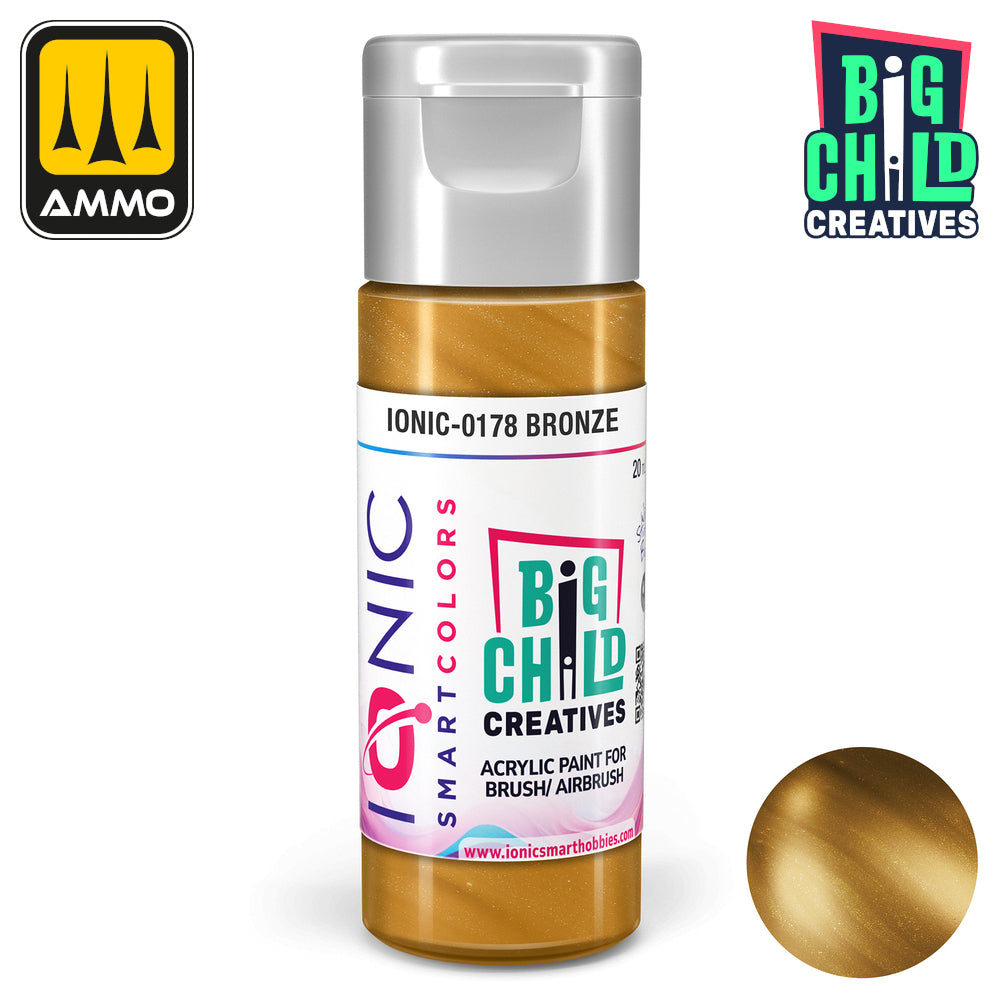 Bottle of Big Child Creatives Ionic-0178 Bronze acrylic paint -  with a bronze color swatch