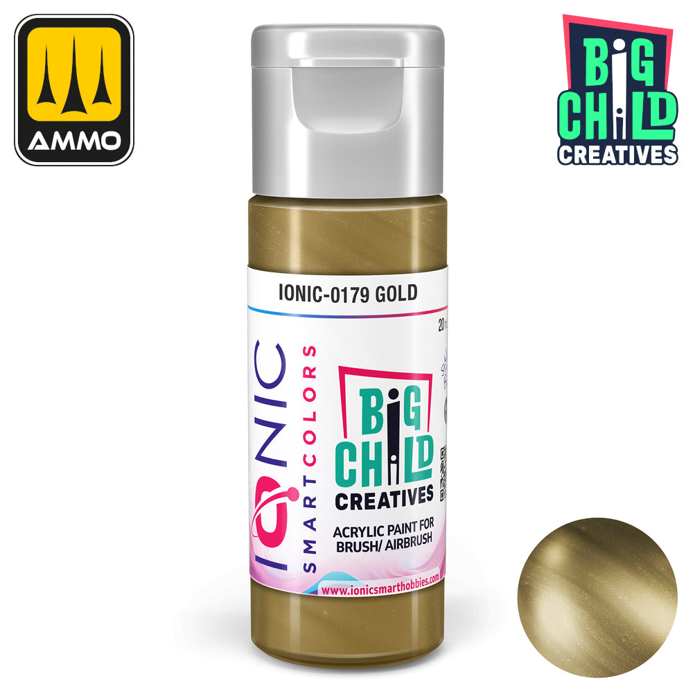 Big Child Creatives IONIC-0179 Gold acrylic paint bottle for brush/airbrush -  with metallic gold swatch