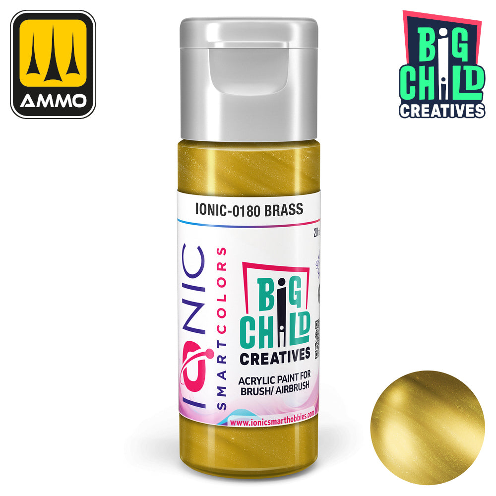 A bottle of Big Child Creatives Ionic Smart Colors metallic brass acrylic paint -  suitable for brush or airbrush