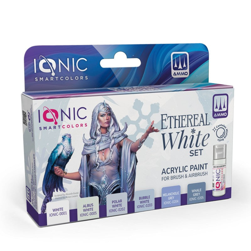 An acrylic paint set box features a fantasy woman with a white bird, titled Ethereal White Set, and displays five paint color swatches