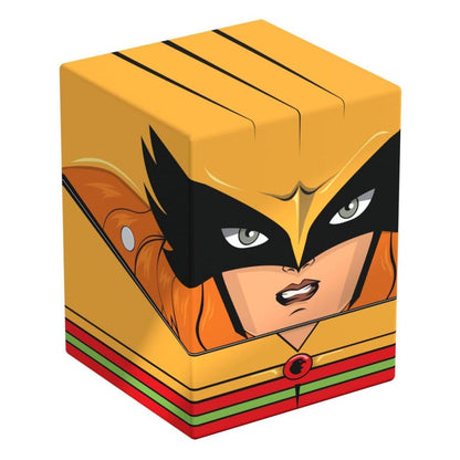 Hawkgirl superhero face illustration on a yellow and black storage cube