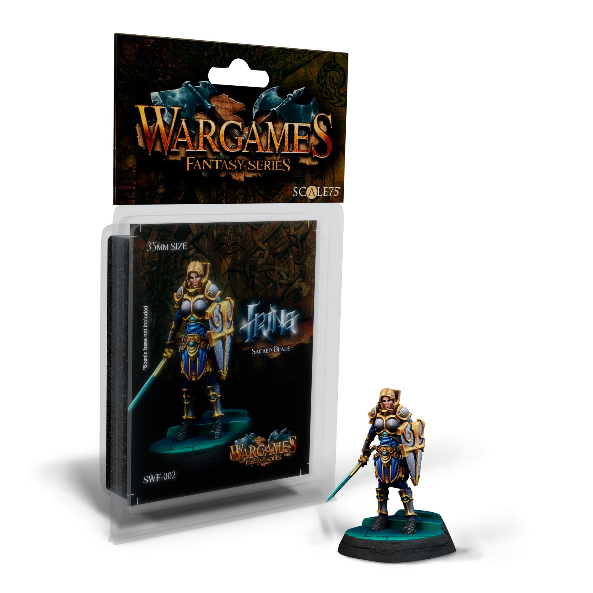 A painted fantasy miniature of a hooded female warrior with sword and shield, next to its Wargames Fantasy Series packaging.