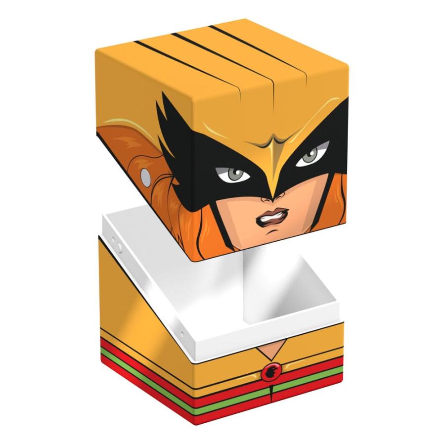 Open comic-style cubic box featuring a female superhero's face in a yellow mask on the lid