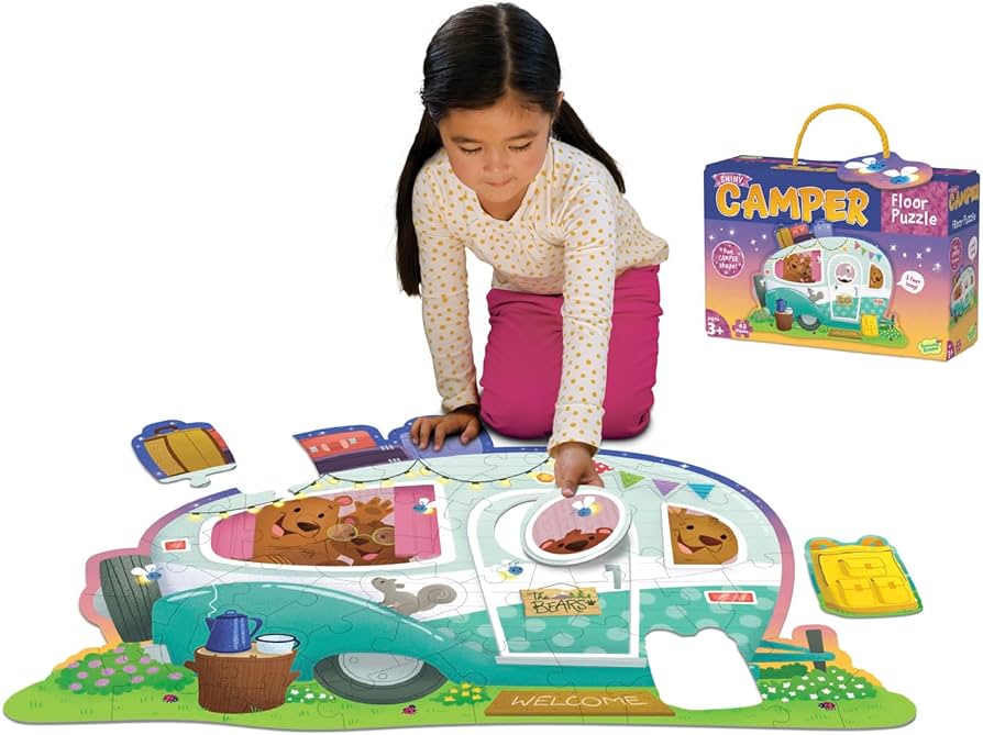 Kids Shiny Camper floor puzzle with child putting pieces together