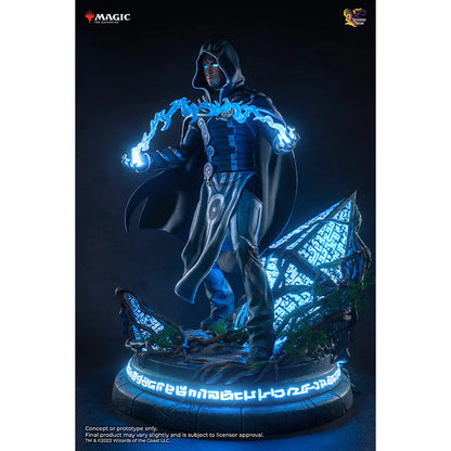 Jace Beleren statue: Hooded figure in dark cloak with glowing blue eyes, conjuring blue magic from hands, on a base with glowing blue runes and crystalline structure