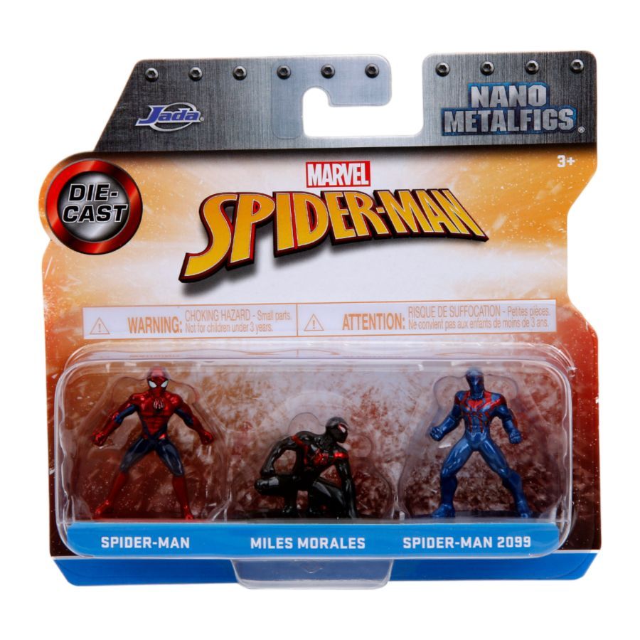 Marvel Die-Cast Nano Metalfigs 3-pack featuring Spider-Man, Miles Morales, and Spider-Man 2099 mini figures sealed in plastic packaging