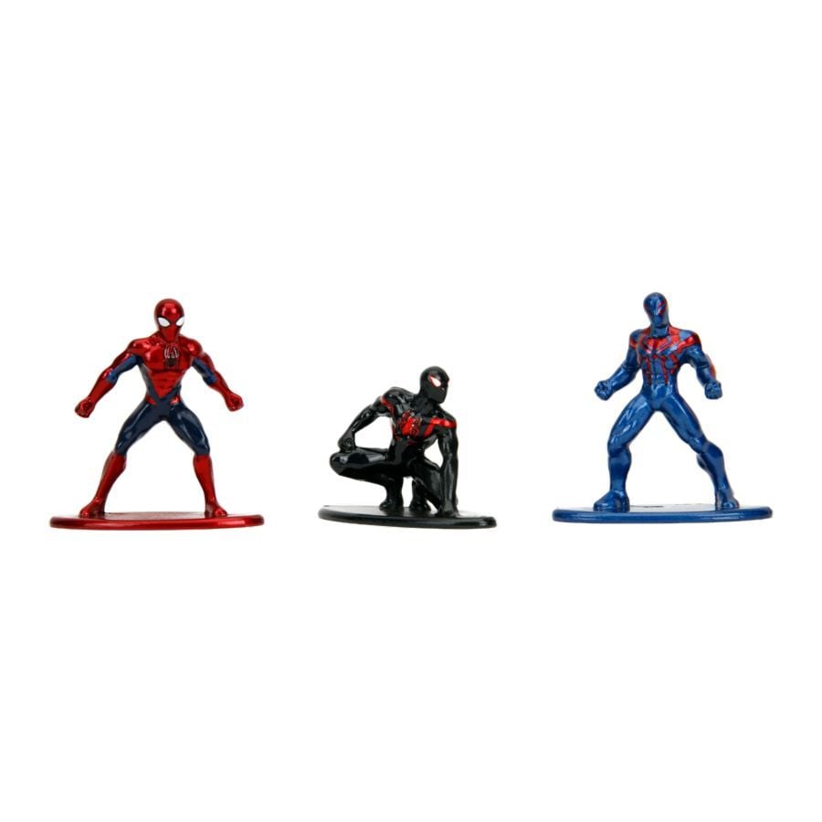 Set of three Spider-Man collectible mini-figures: red/blue classic, black Miles Morales, and blue 2099 variants on a white background