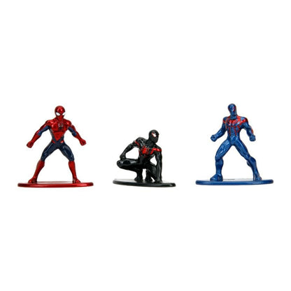 Set of three Spider-Man collectible mini-figures: red/blue classic, black Miles Morales, and blue 2099 variants on a white background