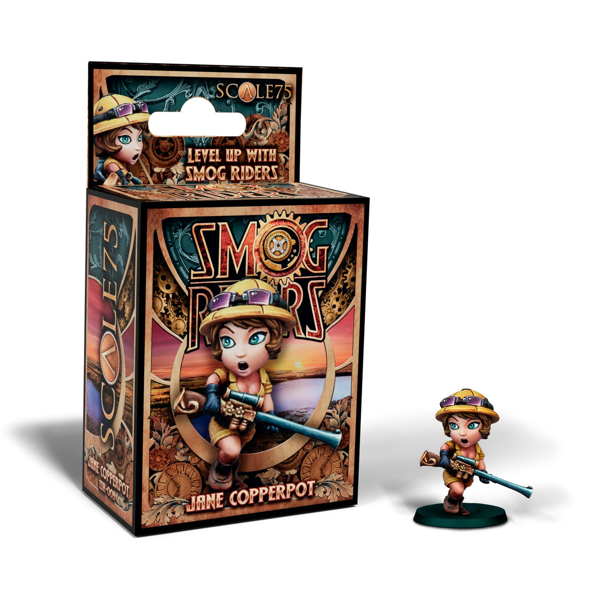 Scale75 Smog Riders &#39;Jane Copperpot&#39; miniature: a chibi steampunk girl in a pith helmet and goggles, holding a rifle, with its product box.