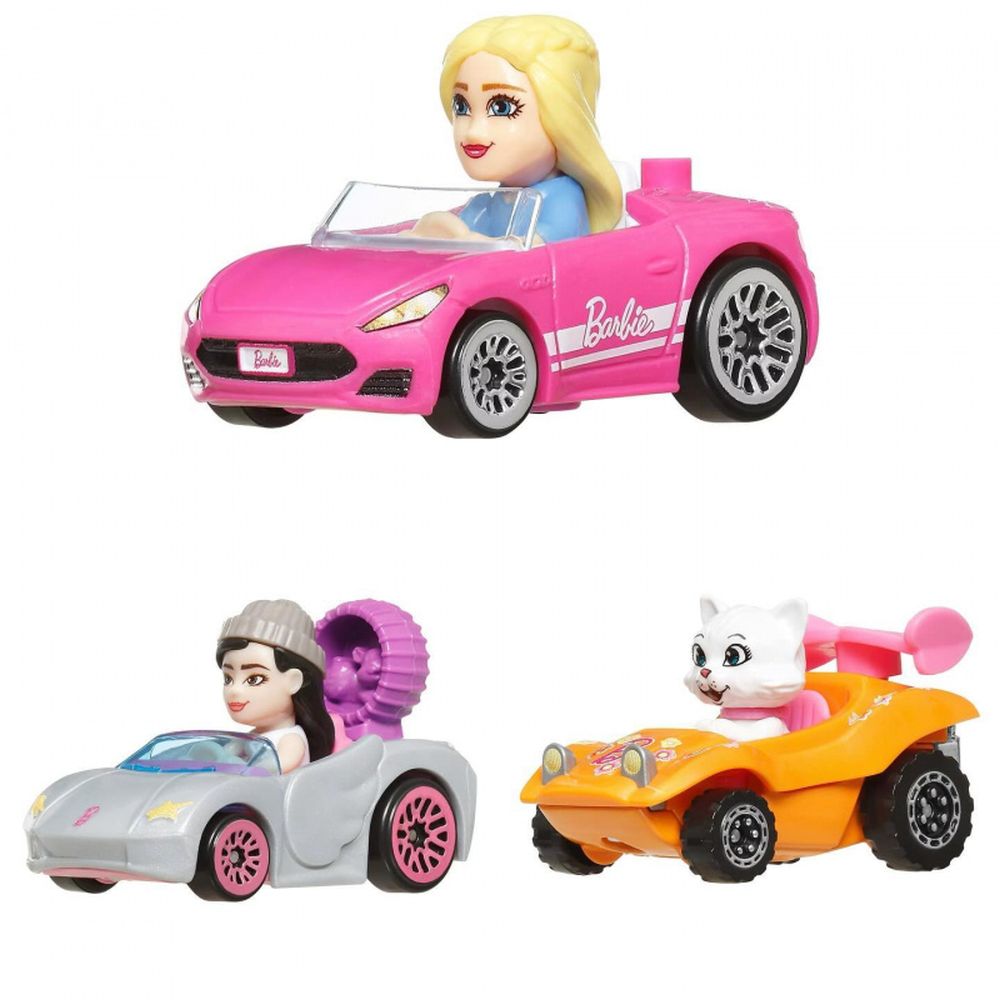 Three toy cars: Barbie in a pink convertible, a girl in a grey car, and a cat in an orange race car