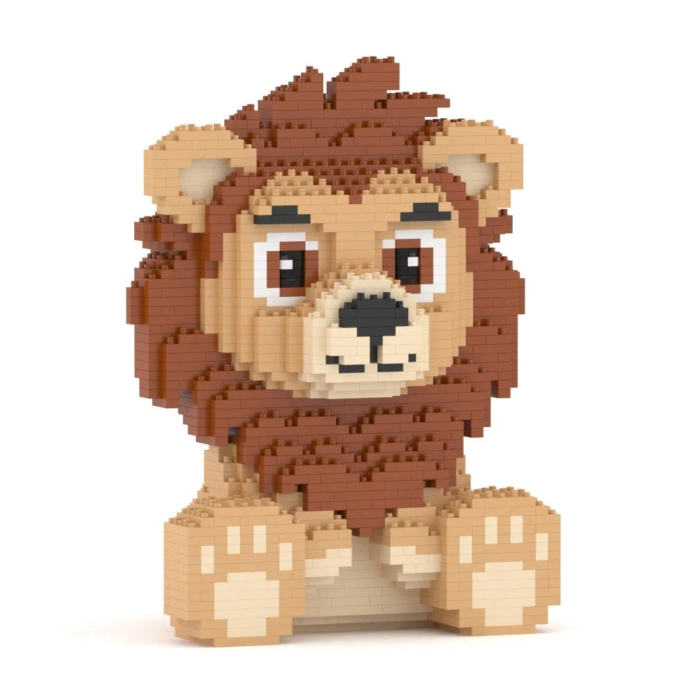 Sitting cartoon lion figure constructed entirely of brown and tan building blocks