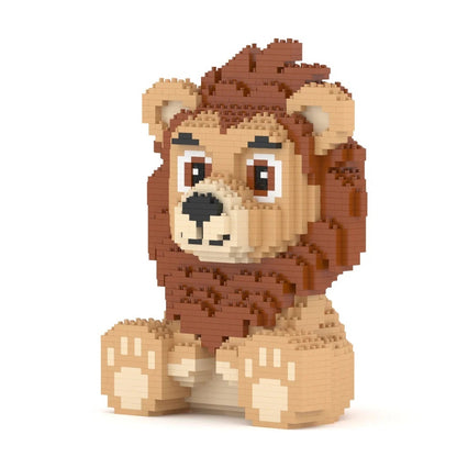 Cute sitting lion figure constructed entirely from toy building bricks