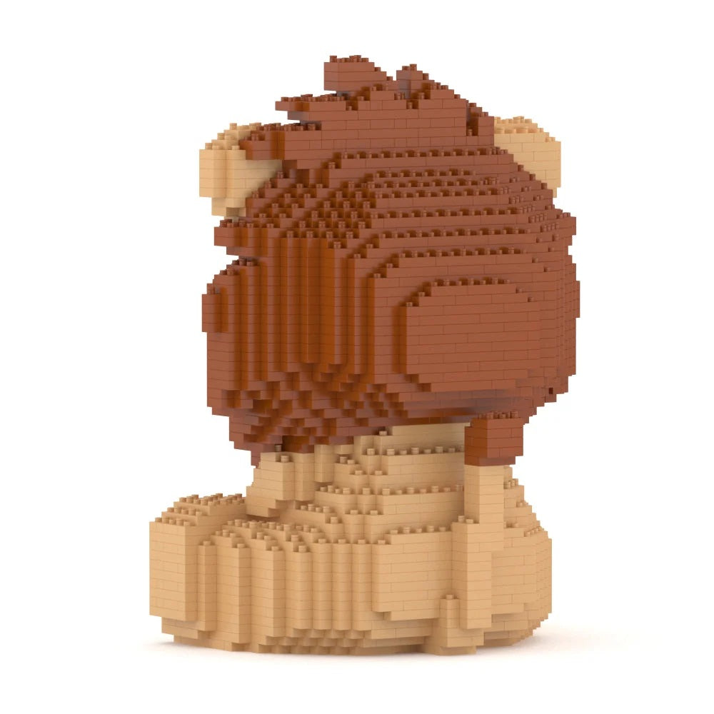 Lion bust structure made entirely of brown and tan interlocking toy bricks