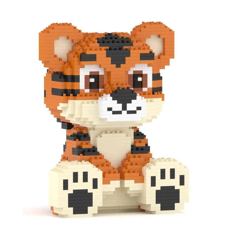 Cute orange and black sitting tiger cub made of building blocks