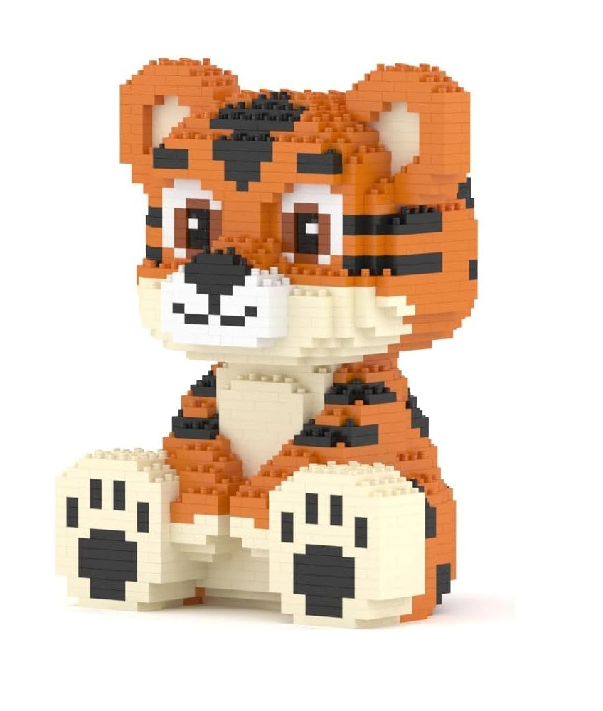Sitting baby tiger toy figure made of interlocking orange and black plastic bricks