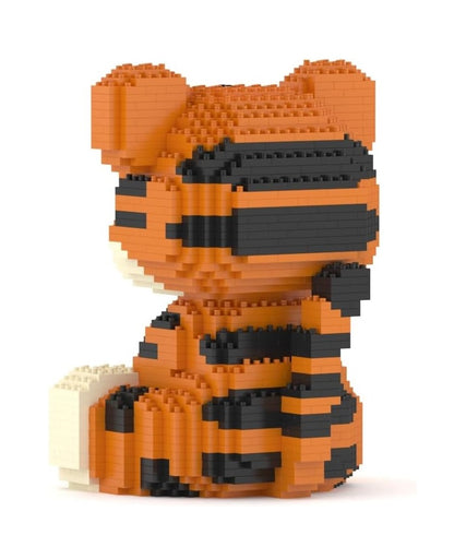 Sitting striped tiger figure constructed from orange and black building blocks