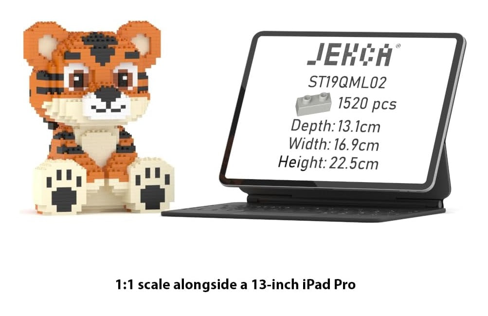 Brick-built tiger toy displayed at 1:1 scale next to an iPad showing its product specs and piece count