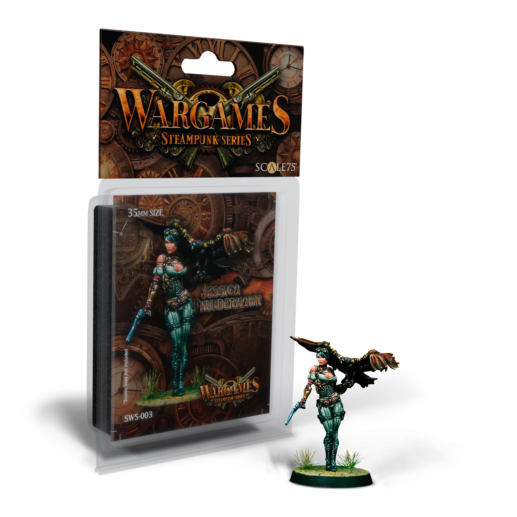 Steampunk "Jessica Thunderhawk" miniature with pistols & mechanical wings stands by its "Wargames Steampunk Series" blister pack.