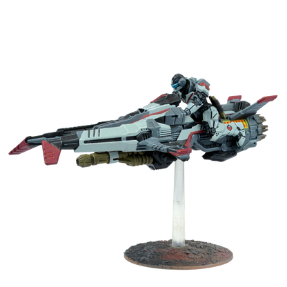 A miniature of a grey, white, and red futuristic hoverbike with an armored rider, displayed on a stand