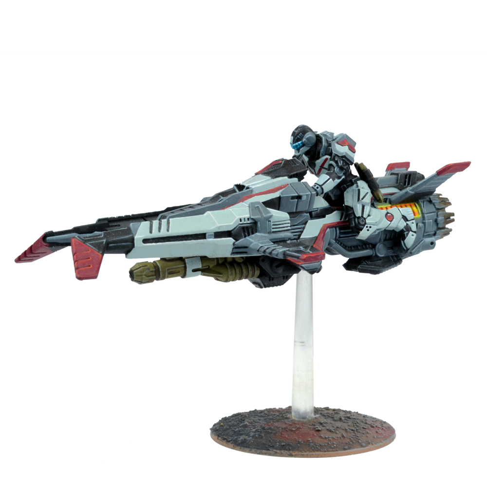 A miniature of a grey, white, and red futuristic hoverbike with an armored rider, displayed on a stand