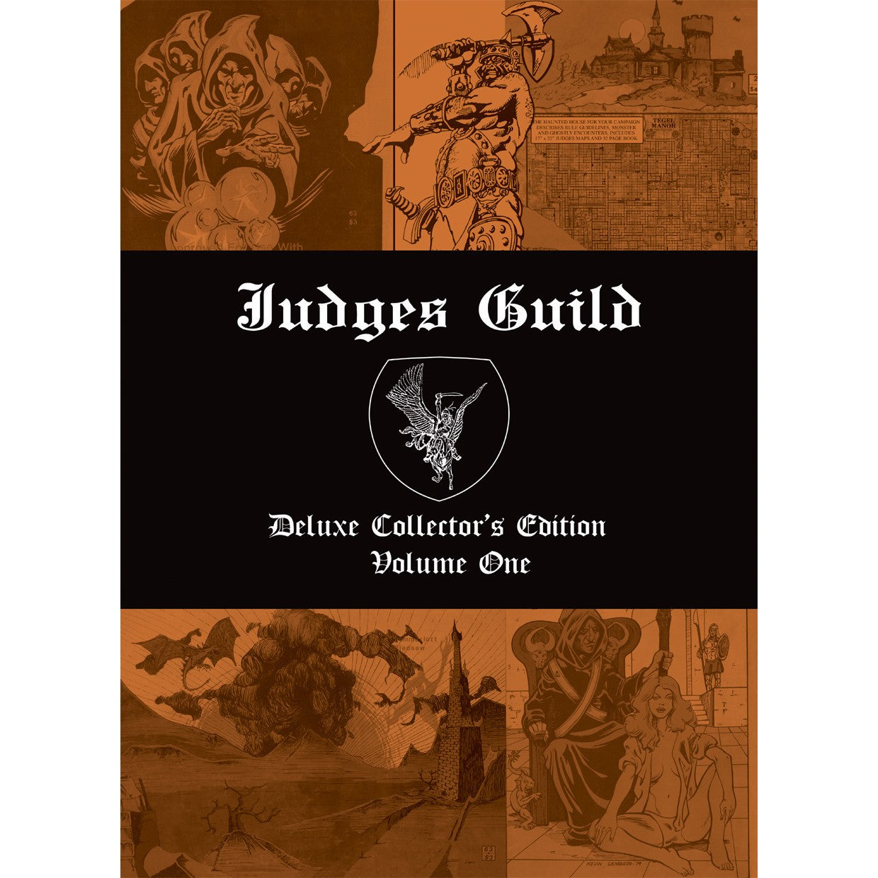 Judges Guild Deluxe Collector's Edition Volume One cover. Fantasy art with wizards, warriors, castles, dragons, and a grid map