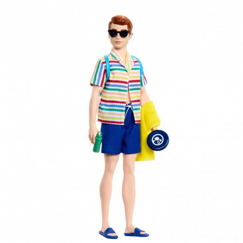 Ken doll in sunglasses -  striped shirt -  blue shorts -  with a backpack -  water bottle -  yellow towel -  and frisbee