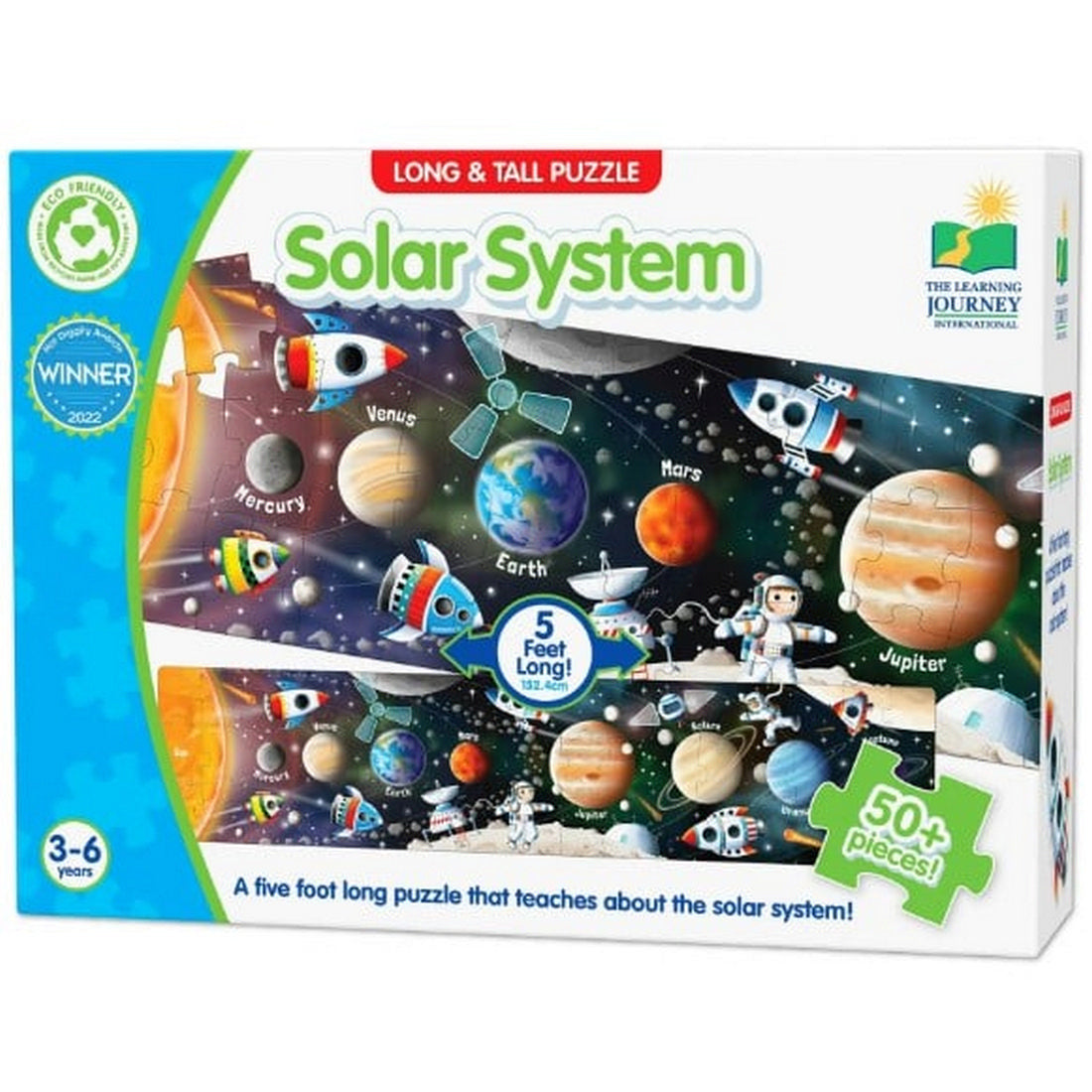 Box for a "Solar System" long jigsaw puzzle featuring planets, spaceships, and an astronaut