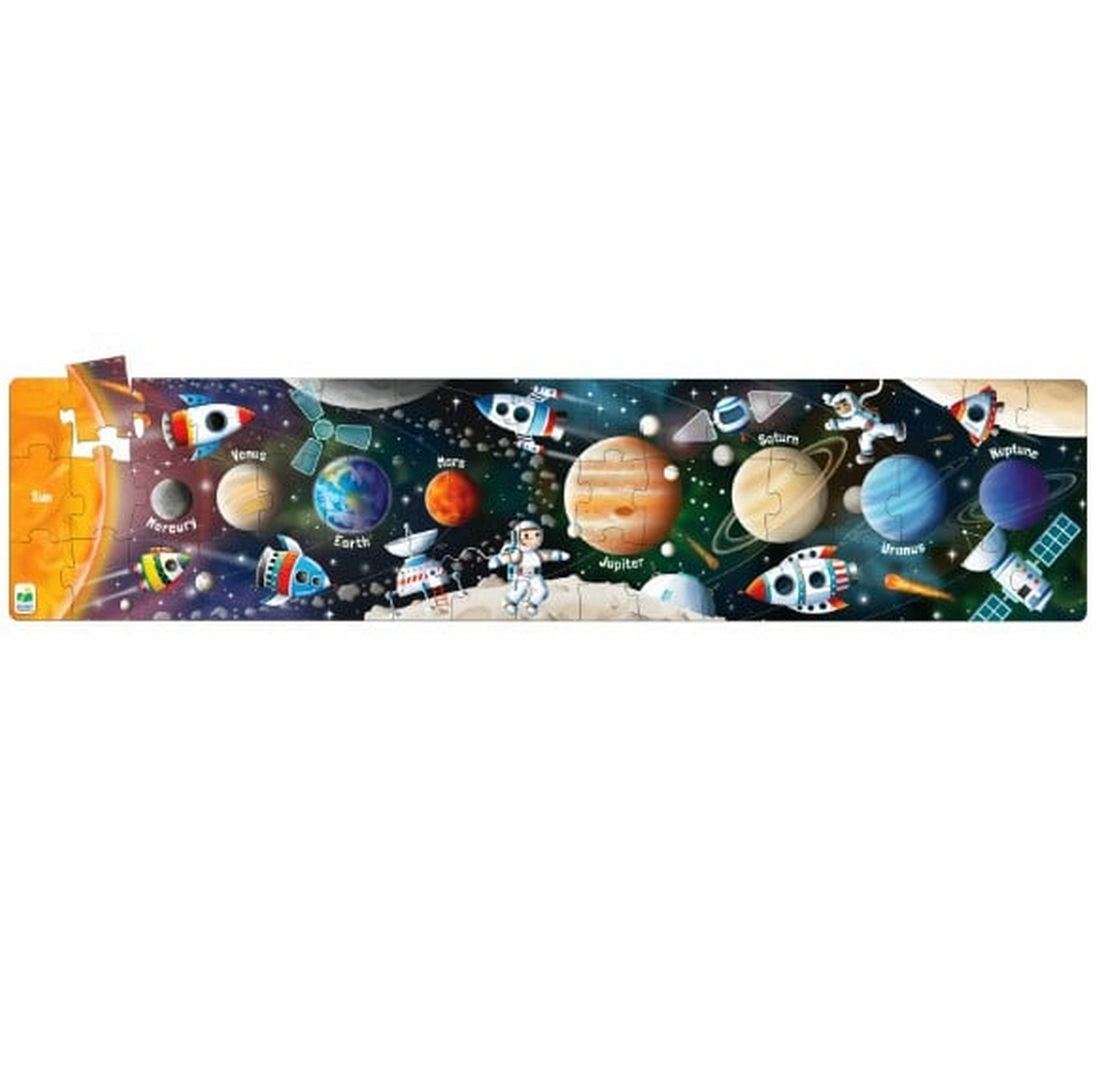 Children's puzzle showing the Solar System planets, labeled, with cartoon astronauts and rockets