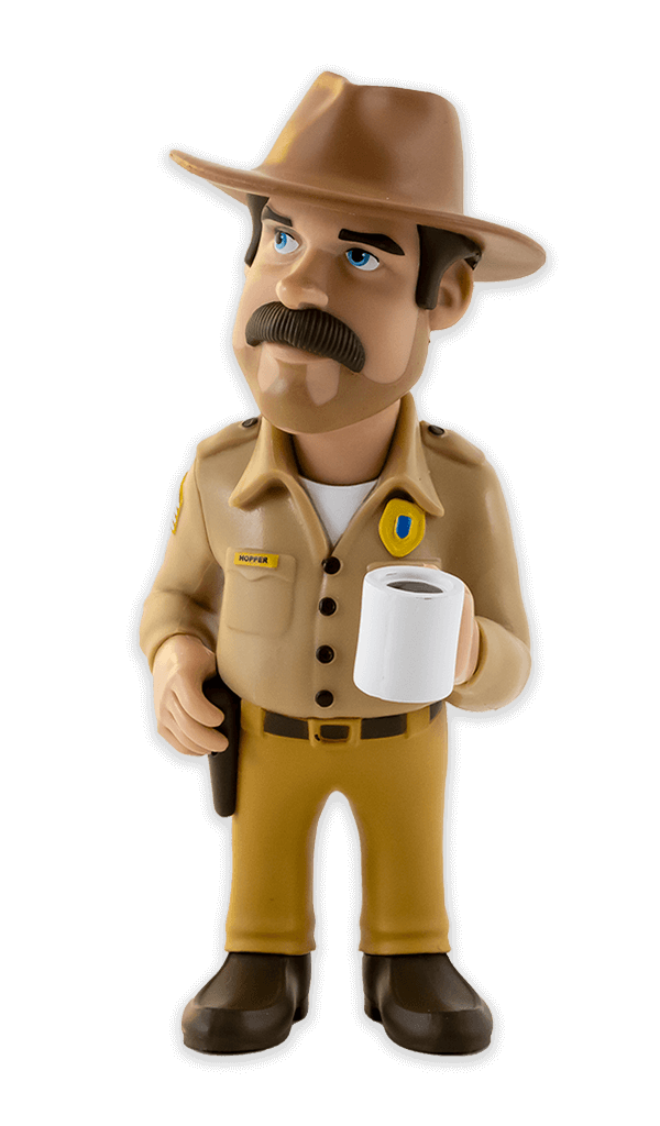 Minix Stranger Things Hopper vinyl figure in police uniform holding a white coffee mug with a name tag and badge detail