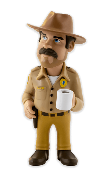 Minix Stranger Things Hopper vinyl figure in police uniform holding a white coffee mug with a name tag and badge detail