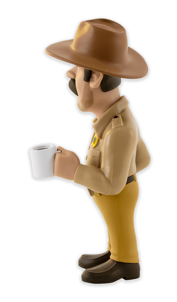 Side view of Minix Stranger Things Hopper vinyl figure in police uniform holding a white coffee mug with a name tag and badge detail