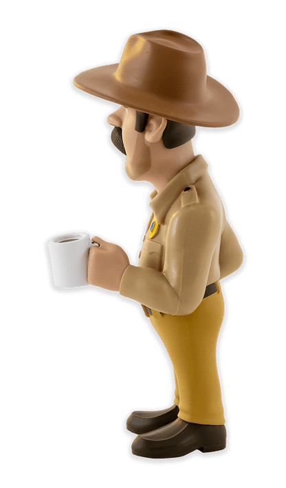 Side view of Minix Stranger Things Hopper vinyl figure in police uniform holding a white coffee mug with a name tag and badge detail