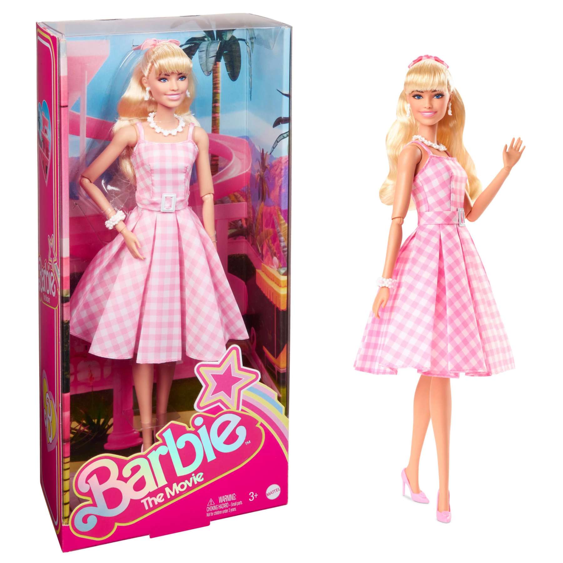 Blonde Barbie doll in a pink gingham dress -  shown in box and standing -  waving