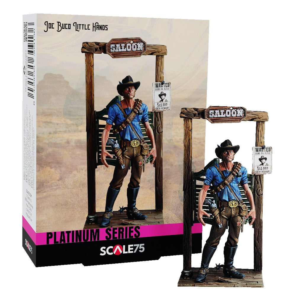 A detailed miniature of a cowboy in a blue shirt under a 'SALOON' sign with a wanted poster, next to its product box.