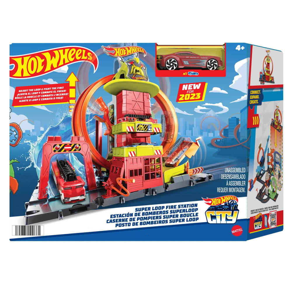 Hot Wheels City Super Loop Fire Station playset featuring a red fire truck, red station building with an orange loop, and a red car