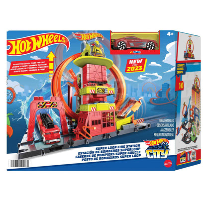 Hot Wheels City Super Loop Fire Station playset featuring a red fire truck, red station building with an orange loop, and a red car
