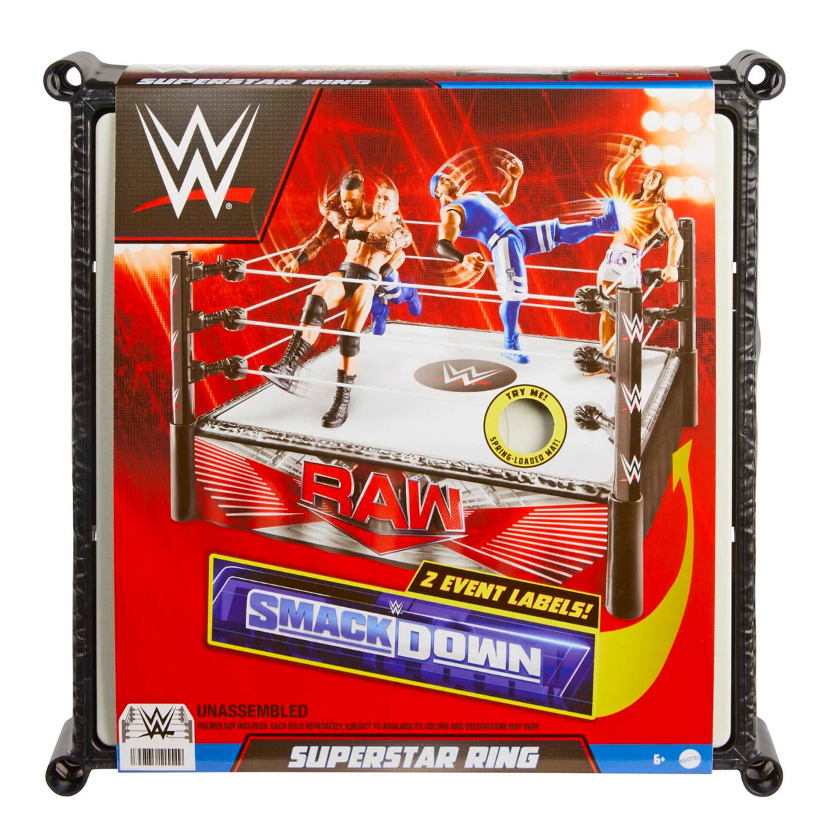 Packaging for a WWE Superstar Ring toy. Box shows diverse wrestling figures in action on a spring-loaded mat, with &quot;RAW&quot; and &quot;SmackDown&quot; logos