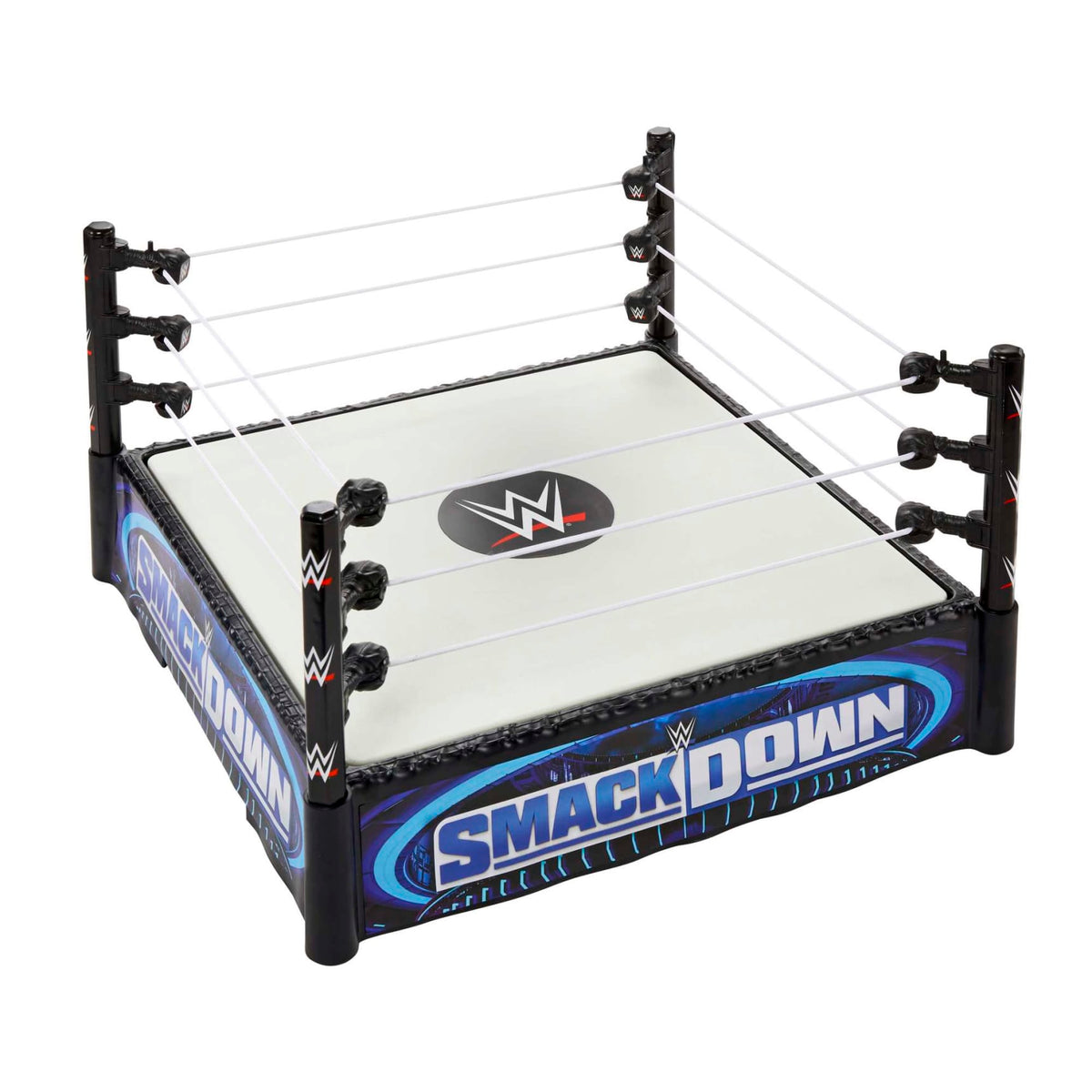 A miniature WWE SmackDown wrestling ring with white ropes, a white mat, and blue &quot;SMACKDOWN&quot; text